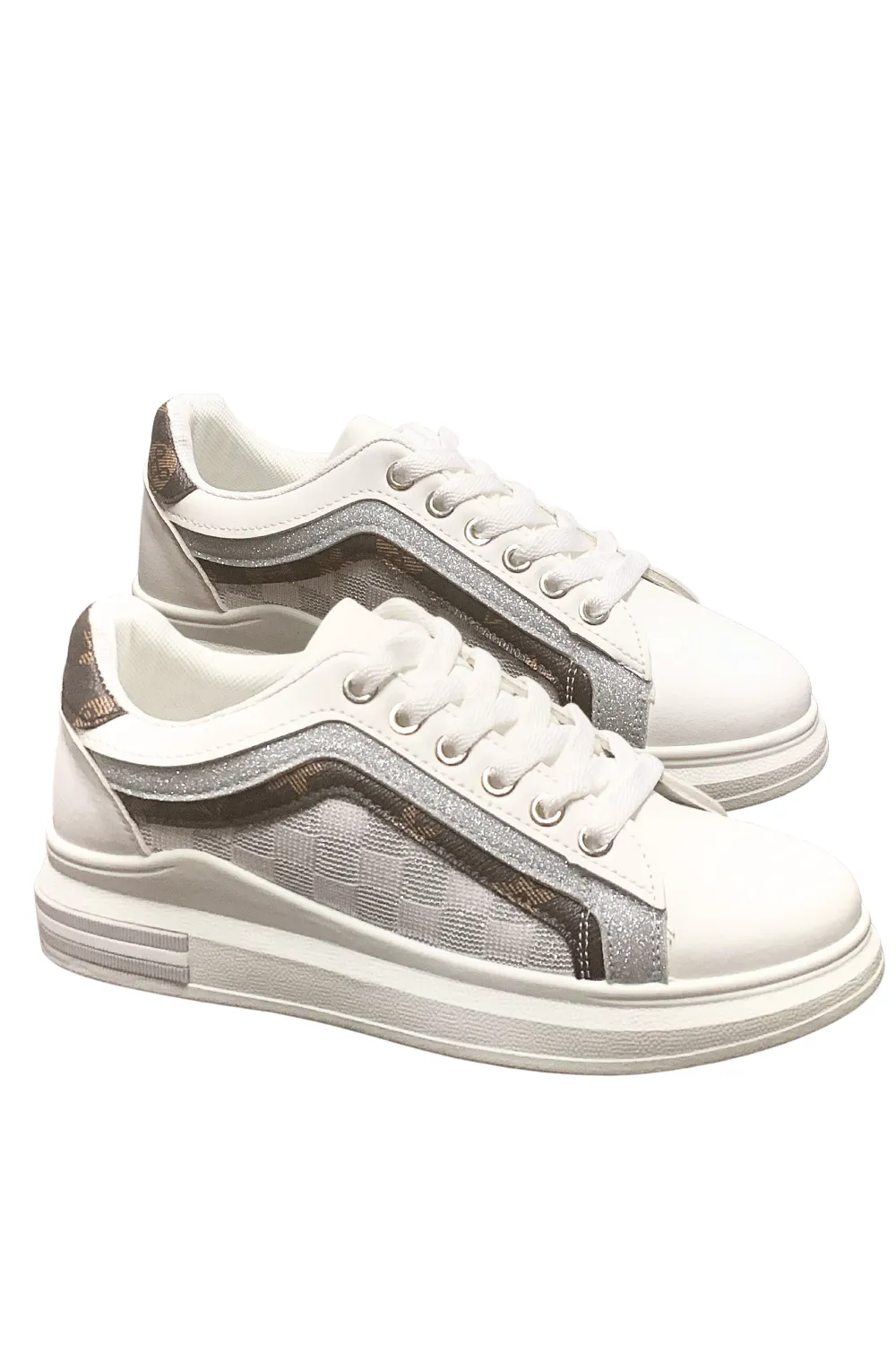 Womens Fashion Glitter Print Pattern Lace-Up Chunky Wedges Trainers Sneakers 2378 WHITE