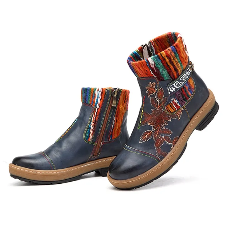 Women's Fashion Vintage Bohemian Winter Leather Blue Ankle Boots