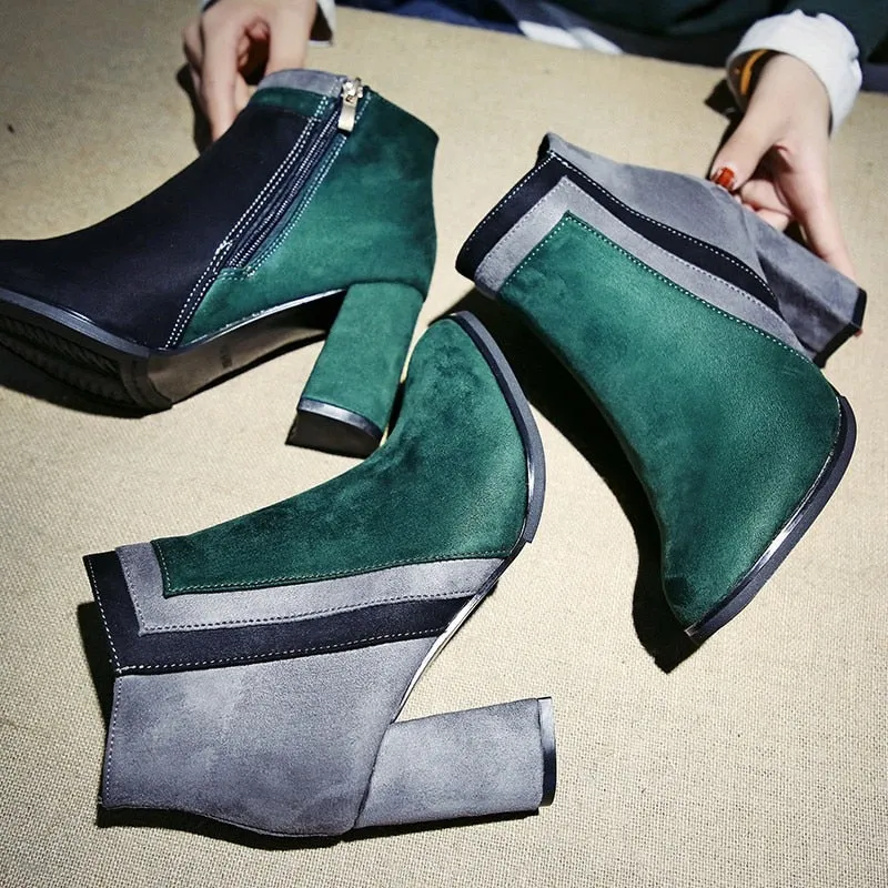 Women's Winter Thick Patchwork High-Heeled Ankle Boots